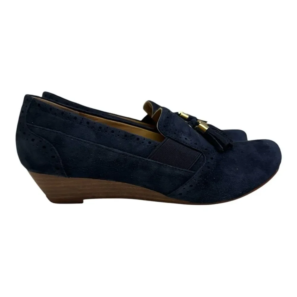 Hotter Brigitte Navy Suede Wedge‎ Loafers Tassel Brogue Detail Women US 9 UK 7